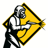 Lakiernik proszkowy w masce ochronnej trzymający pistolet elektrostatyczny do malowania. Piece proszkowego – ilustracja wektorowa w stylu retro. Piece do polimeryzacji